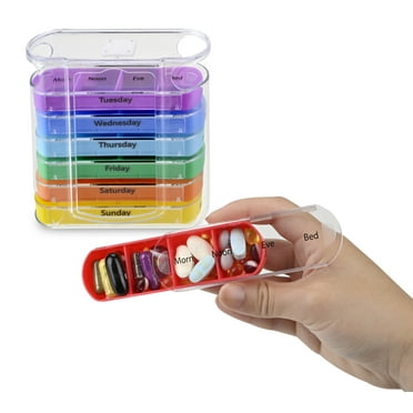 7 Day Pill Box Organizer, Hard Case with Embedded Magnet, Pill Dispenser with 7 Stackable Trays with 4 Times a Day Small Pill Compartments Labeled for Morning, Noon, Evening, and Night. Perfect for Or