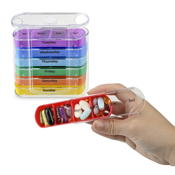 7 Day Pill Box Organizer, Hard Case with Embedded Magnet, Pill Dispenser with 7 Stackable Trays with 4 Times a Day Small Pill Compartments Labeled for Morning, Noon, Evening, and Night. Perfect for Or
