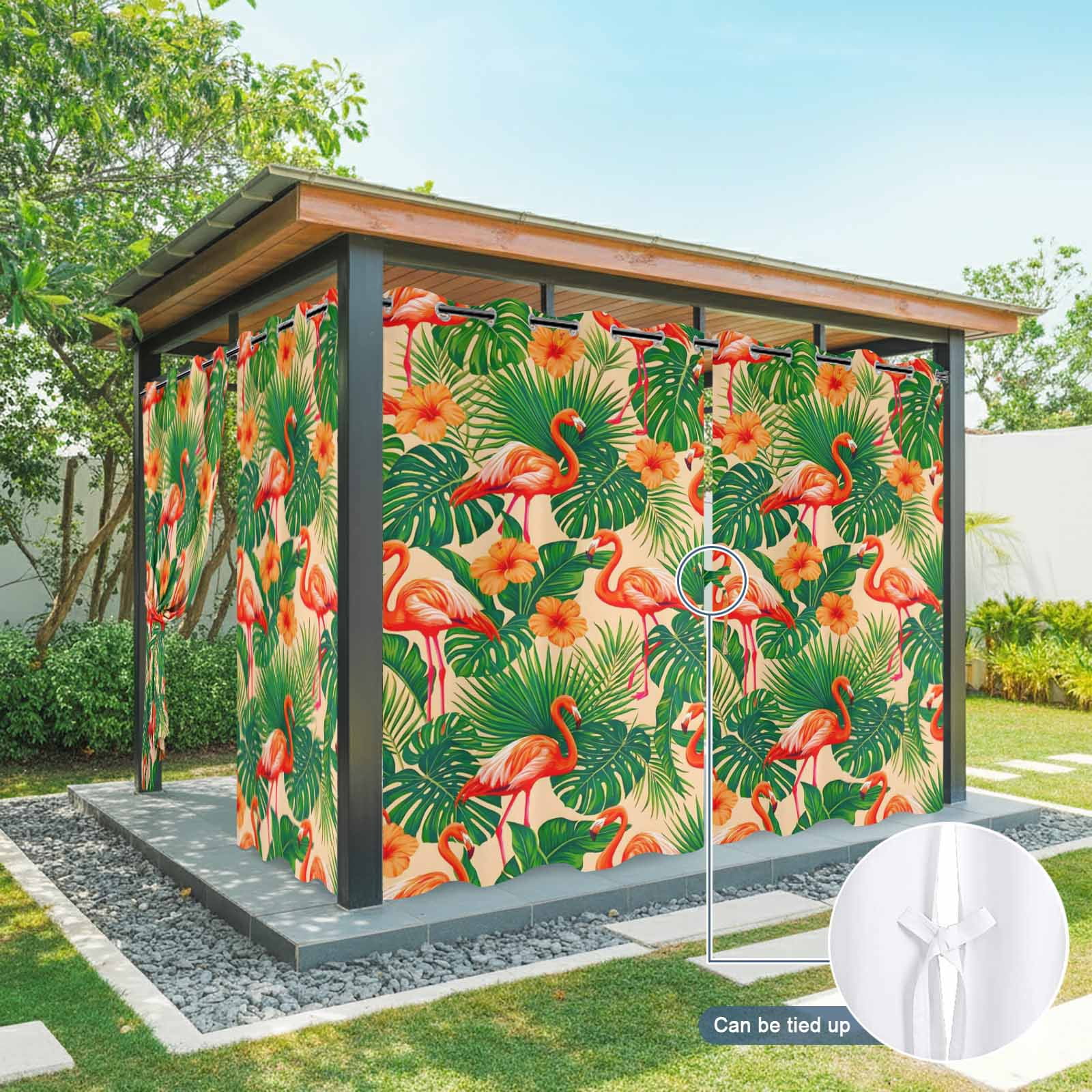Red Flamingos Outdoor Curtains for Patio, Jungle Plants Hibiscus Flower Green Leaf Botanical Sunshade Privacy Drapes Grommet Waterproof Outside Curtains for Porch/Cabana/Balcony 54"x 108", 1 Panel