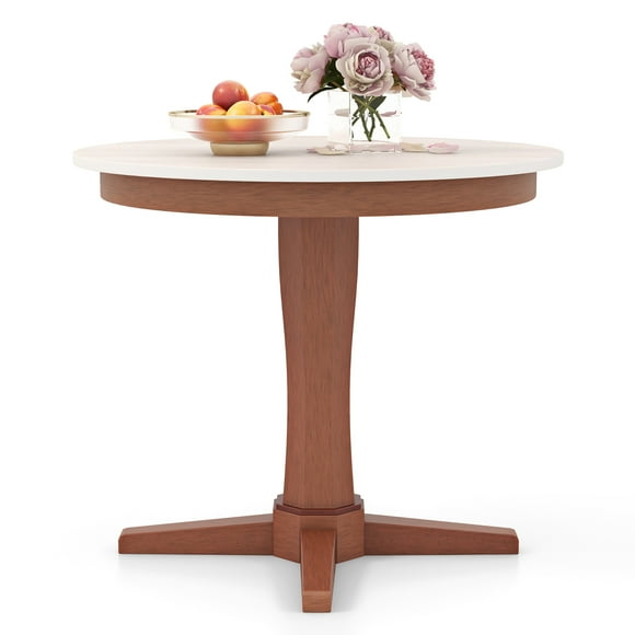 Gymax 36'' Round Dining Table for 4 People w/ Pedestal Base Solid Rubber Wood Frame