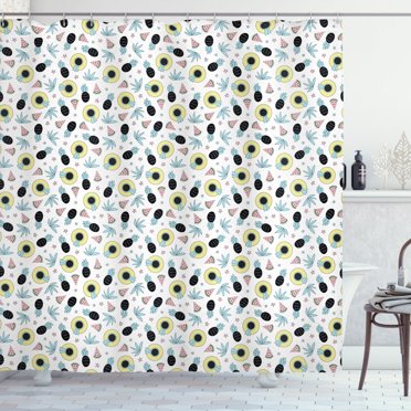 Summer Shower Curtain, Hand Drawn Style Pattern with Women`s Beach Hats Pineapples Watermelons and Stars, Fabric Bathroom Set with Hooks, 69W X 84L Inches Extra Long, Multicolor, by Ambesonne