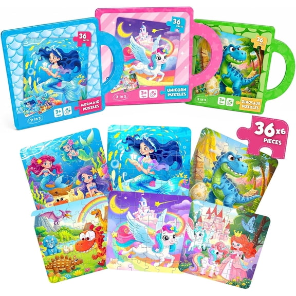 Unicorn Mermaid Dinosaurs Puzzles for Toddlers,Travel Puzzles Toys for Kids