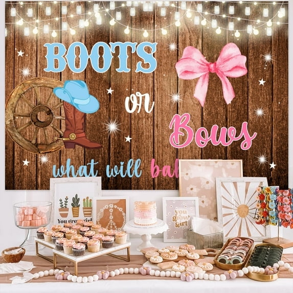 Boots or Bows Gender Reveal Decorations, Balloons Arch Kit What Will Baby Be He or She Backdrop for Western Cowgirl Gender Reveal Decorations