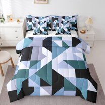 Manfei Vintage Blue Square Bedding Comforter Set 7pcs, Triangle Stripes Geometric Queen Bedding Sets, Abstract Ombre Reversible Queen Sheet Sets, Breathable Home Decor