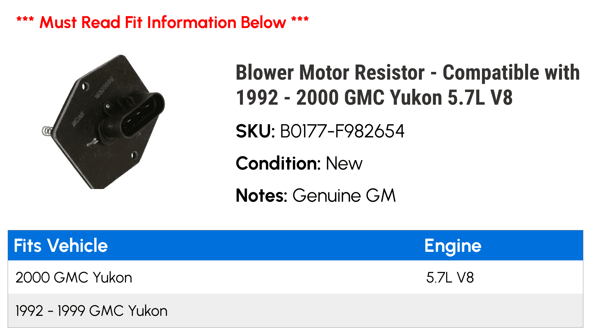 Blower Motor Resistor - Compatible with 1992 - 2000 GMC Yukon 5.7L V8 - AC Delco