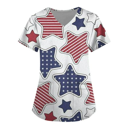 

QAZXD Womens Summer Independence Day Scrub Tops V-Neck Short Sleeve Graphic Prints Shirts Blouse Blue XL