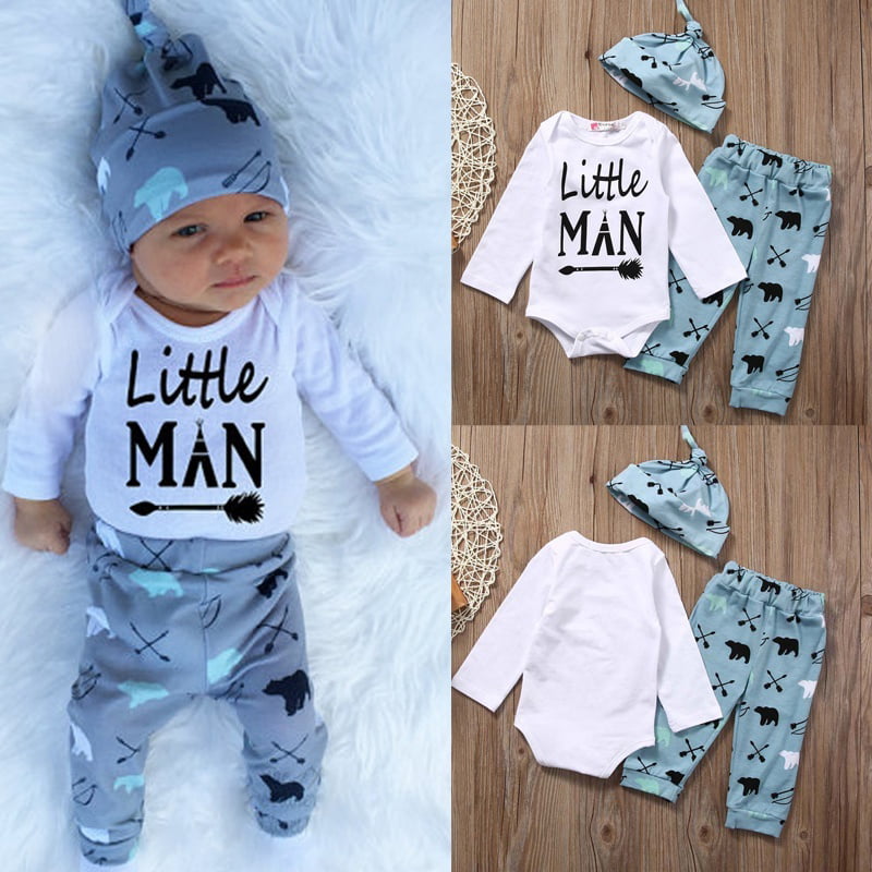 3PCS Set Infant Newborn Baby Boy Romper Tops+Long Pants+Hat Outfit Clothes 