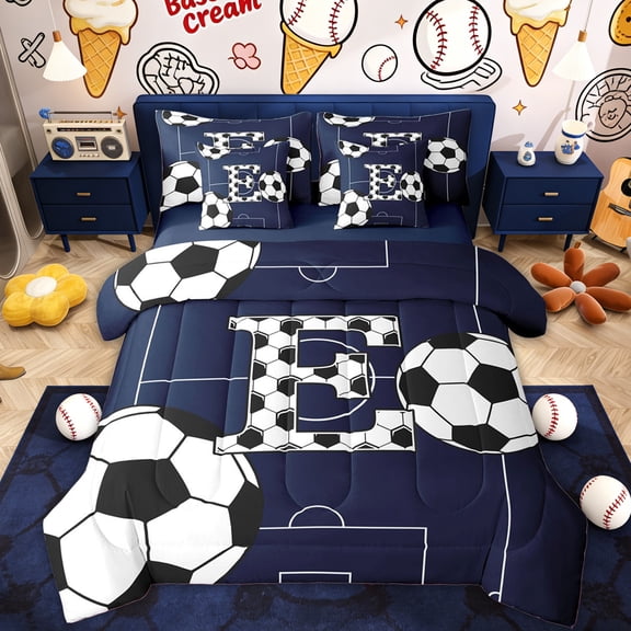 Erosebridal Kid Soccer Initial E Bedding Comforter Set, Cartoon Football Full Bedding Set, Blue Reversible, 7pcs