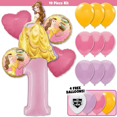 19pc Beauty & the Beast Party Decorations Balloons Kit - Belle's Colorful Pink Kids Birthday Party Supplies Decor - Includes JUMBO Pastel Pink Number 1 Age Balloon