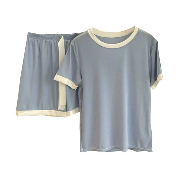 Jxximdong Pajamas for Women Set Women's Sleepwear Short Sleeve Pajama Set Blue Loungewear XL