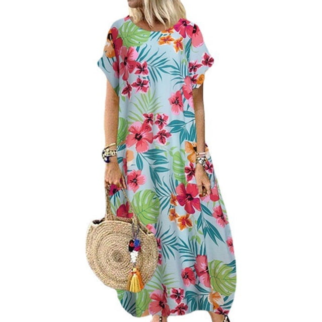 Bellella Robe Longue pour Femmes Manches Courtes Maxi Robes Imprimé Floral Été Plage Robe Kaftan Col Rond Vacances Bleu Clair m