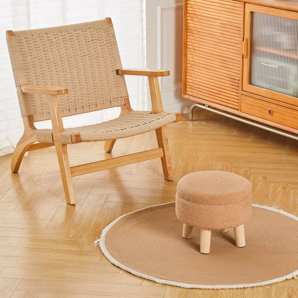 Storage Ottoman, Modern Round Footrest with Soft Padded Seat, Teddy Velvet Footstool with Wood Legs, Accent Small Table or Plant Stand for Hallway, Living Room (Champagne)