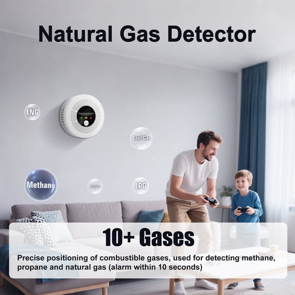 Natural Gas Detector Alarm - 10s Methane/Propane Leak Alert CH4 Gas with 85dB Siren & LED Flash, Battery-Powered Gas Monitor for Home Kitchen RV Safety (3 Battery Included)