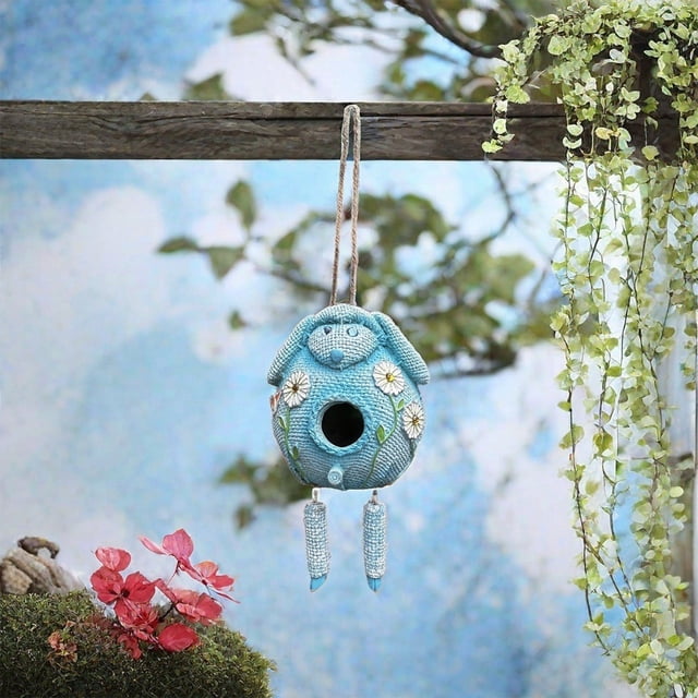 Outdoor Resin Blue Puppy Birdhouse With Daisies And Butterflies Garden Landscapes Decoration For Balcony Gardening