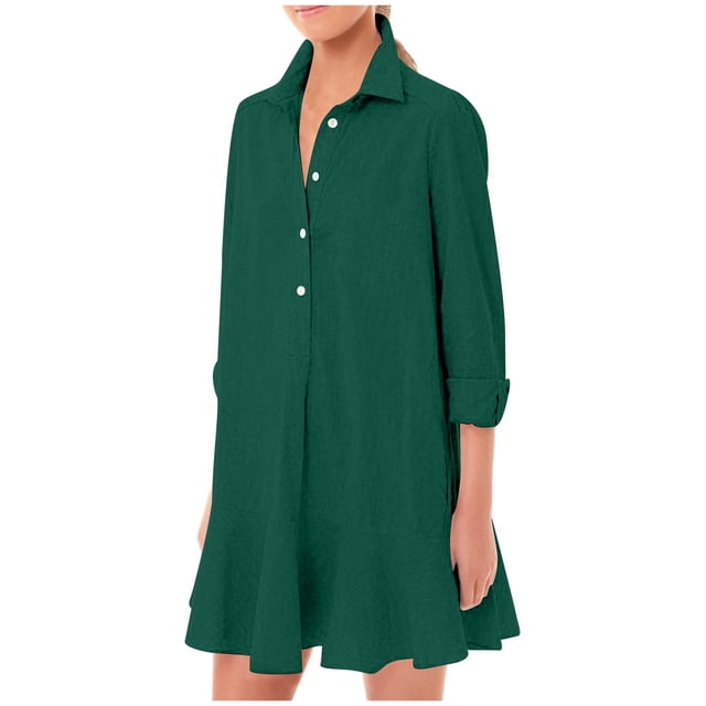 Women's Solid Long Sleeve Shirt Dress - Ruffled Hem, Turn Down Collar, Casual/Office