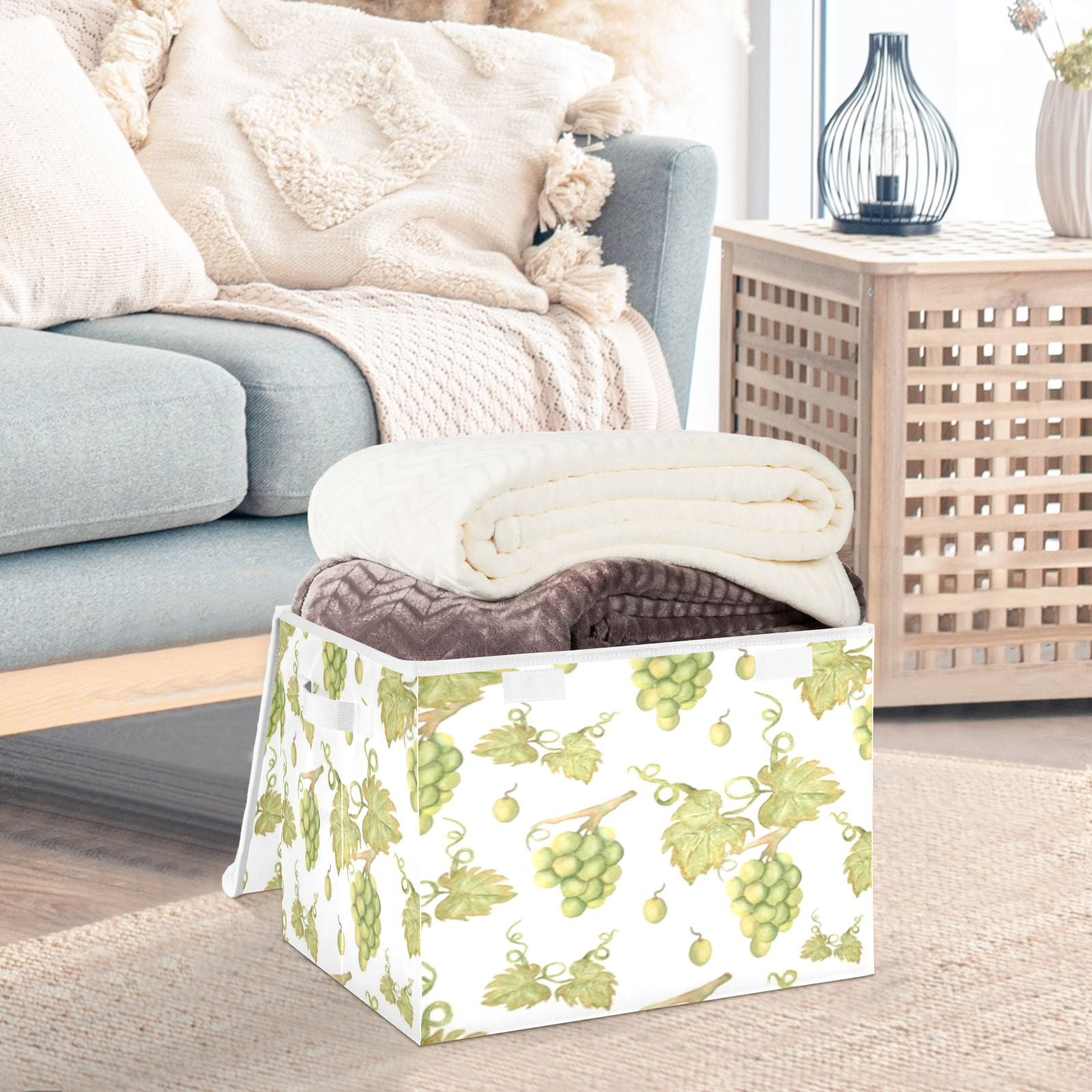 Green grapes leaf pattern background Large Toy Box Chest Storage with Flip-Top Lid, Collapsible Storage Boxes Container Bins for Toys, Playroom Organizers