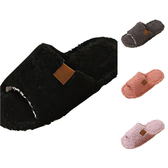 XFeng Women’s Open Toe Fuzzy Slide Slippers, Solid Faux Fur Soft Plush House Slippers, Non‑Slip Indoor Bedroom Slippers