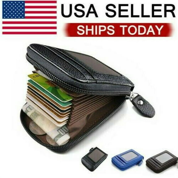 Genuine Leather Men Wallet Credit Card Holder RFID Blocking Zipper Pocket Thin