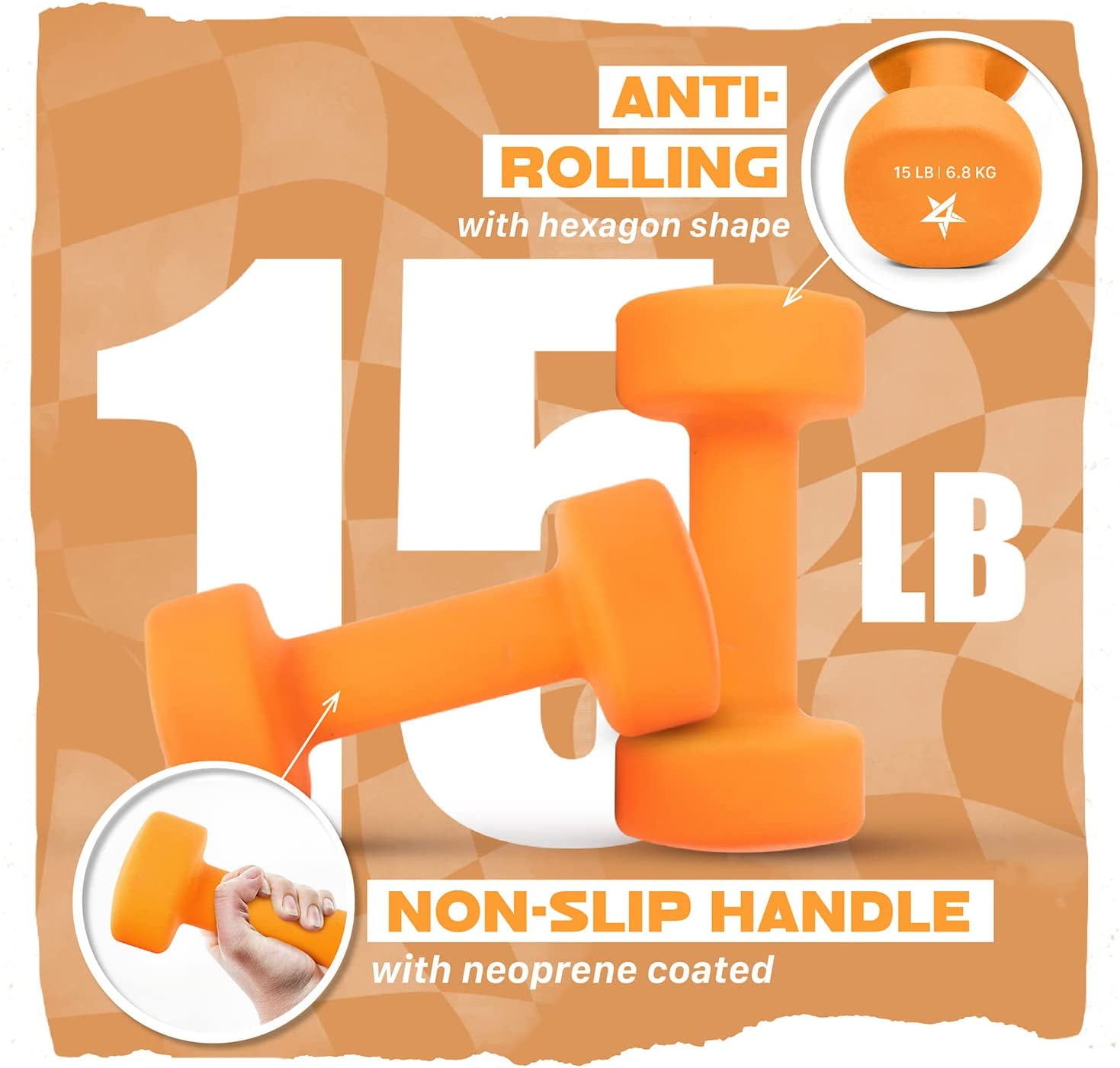 Yes4All Neoprene Coated Dumbbells, Dark Orange, 15 lb, Pair