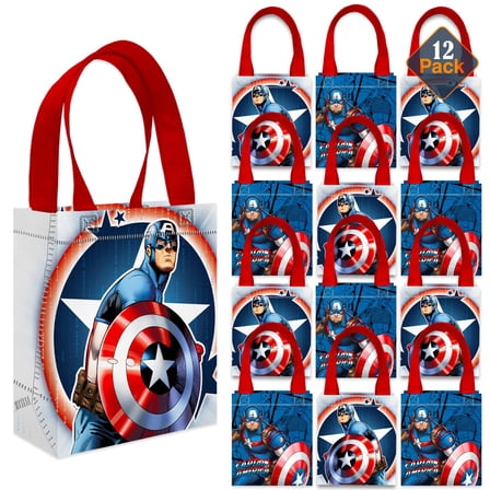 Captain America Party Favor Bags Set – 12 Pack 8" Marvel Goodie Bags for Kids Bulk Reusable Mini Totes | Avengers Captain America Birthday Party Supplies