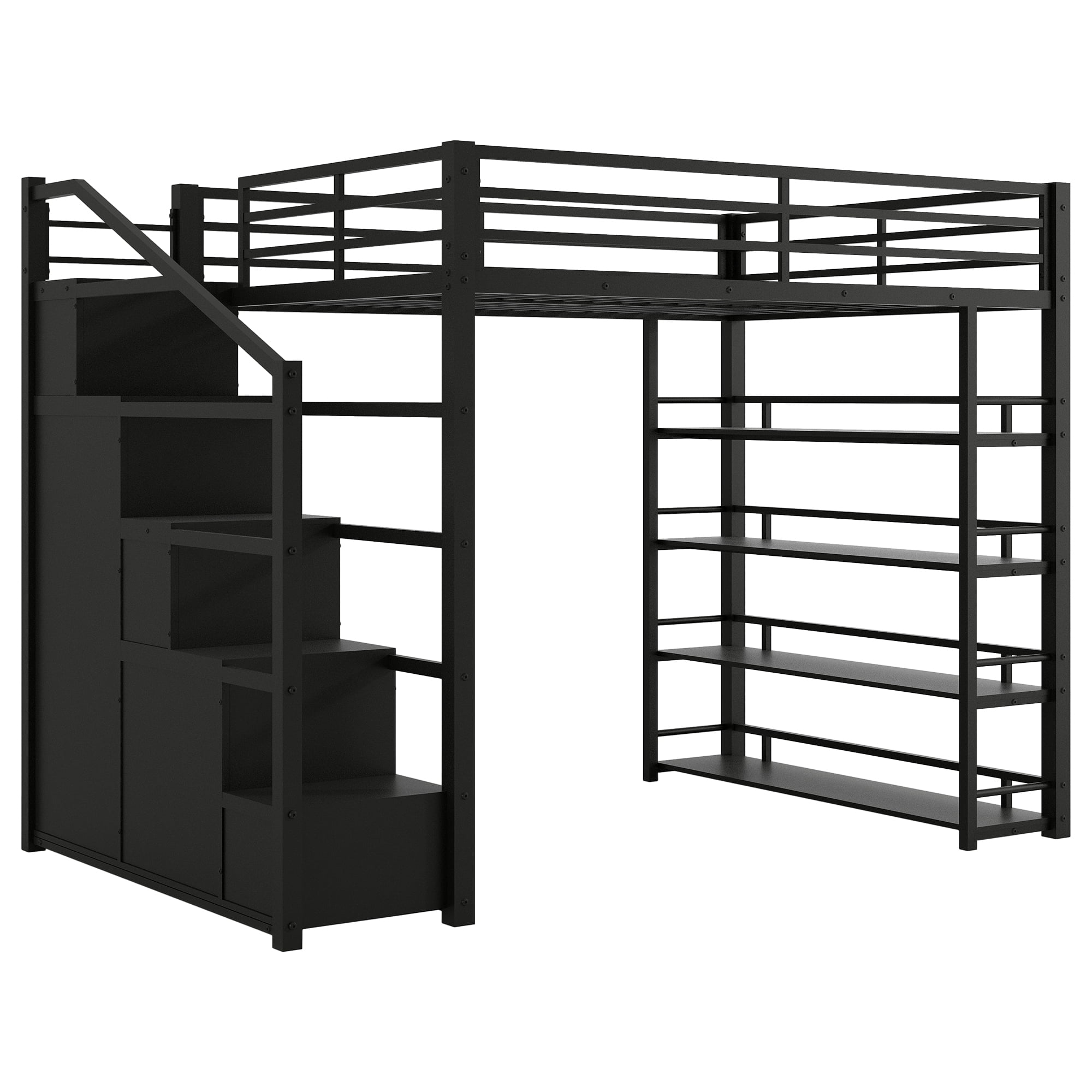 Euroco Full Size Metal Loft Bed with Storage Shelves and Cabinets, Open Wardrobe and Staircase, Black