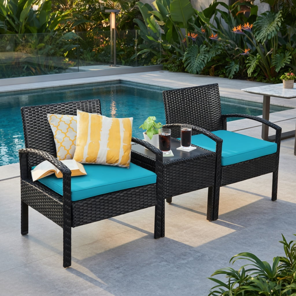 Hommoo 3-Piece Outdoor Rattan Patio Conversation Set, Wicker Chairs & Cushions with Tempered Glass Coffee Table, Turquoise