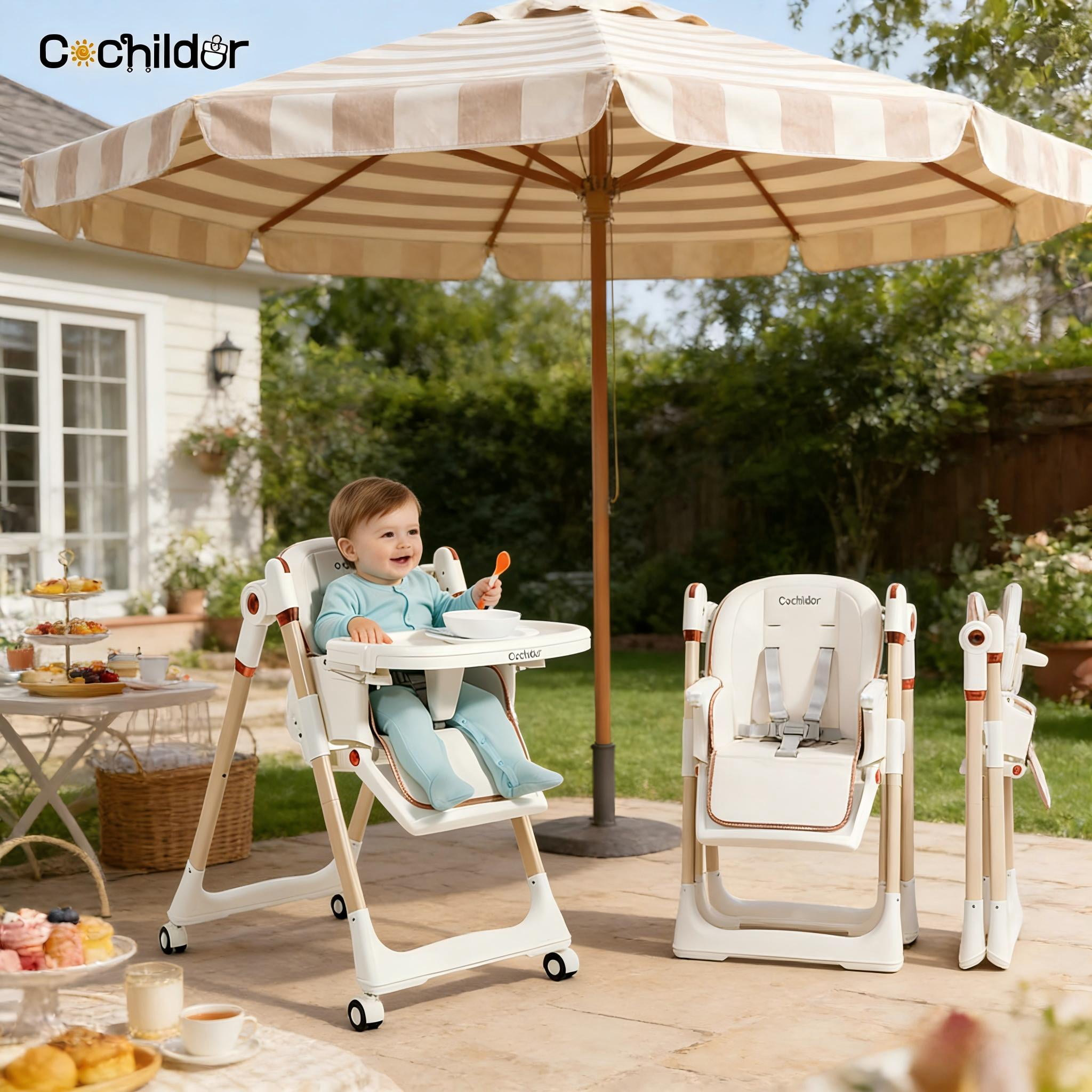 Clearance Cochildor Foldaway 3-in-1 High Chair for Babies & Toddlers, with 5 Point Harness, Tray, Foot Rest and Wheels, White
