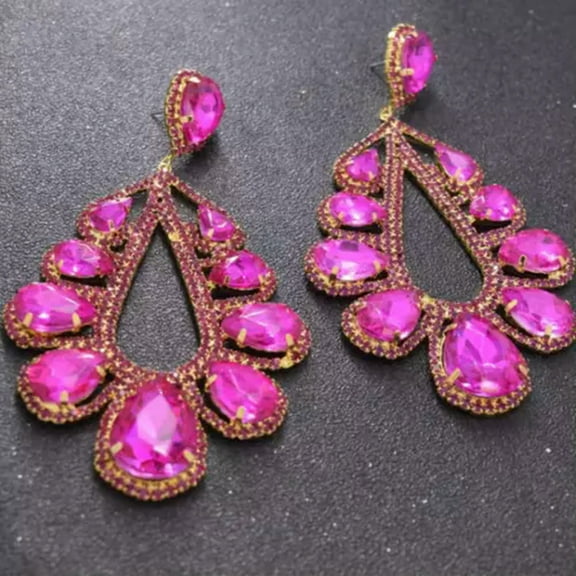 K-KED Fashion Earrings Crystal Statement Chandelier Diamante Gold Silver Dangle Drop-Pink