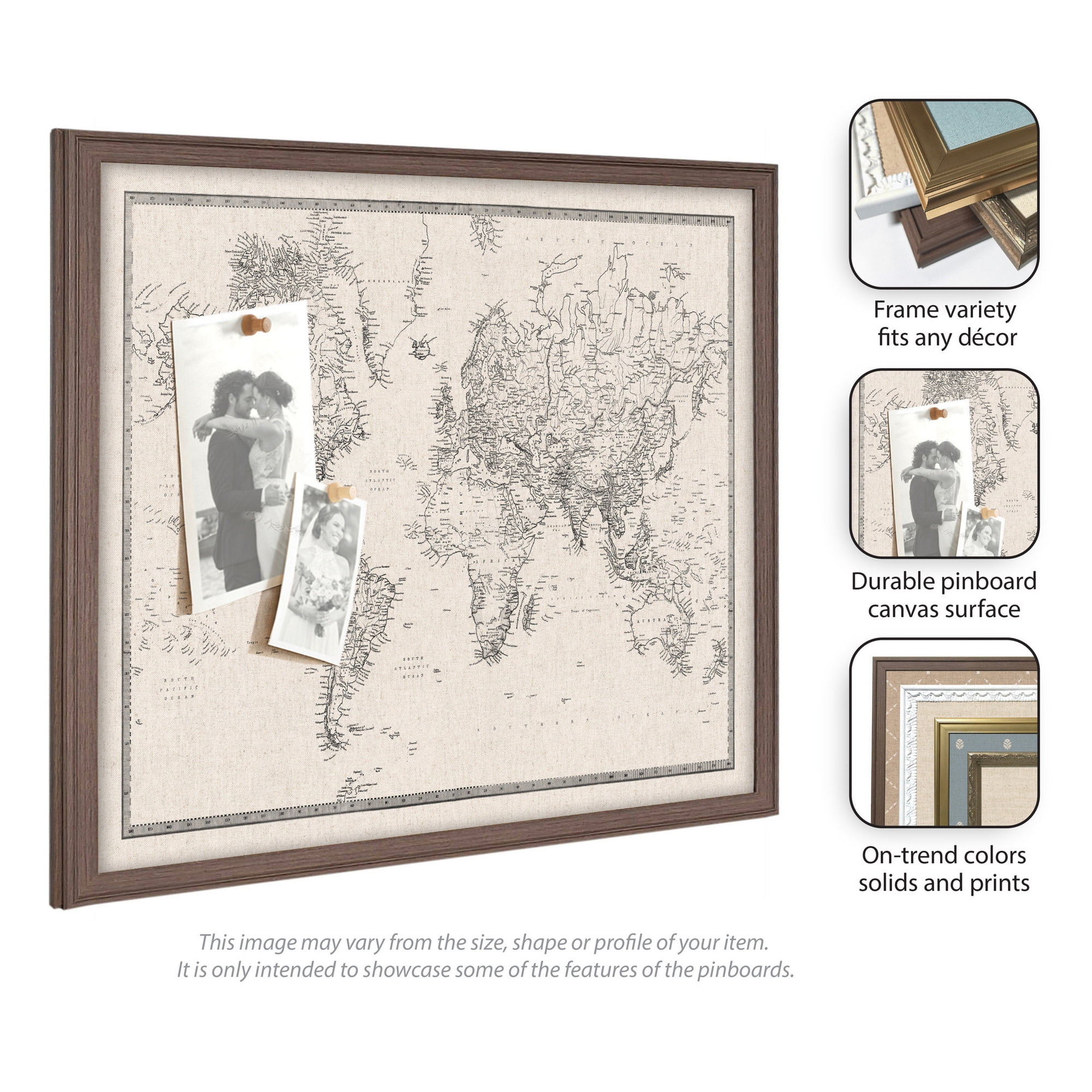 Kate and Laurel Framed Fabric Pinboard 38 x 26, Vintage Black and White Linen World Map Printed Linen Classic Bulletin Board for Use as Wall Organization, Florence Medium Brown Frame