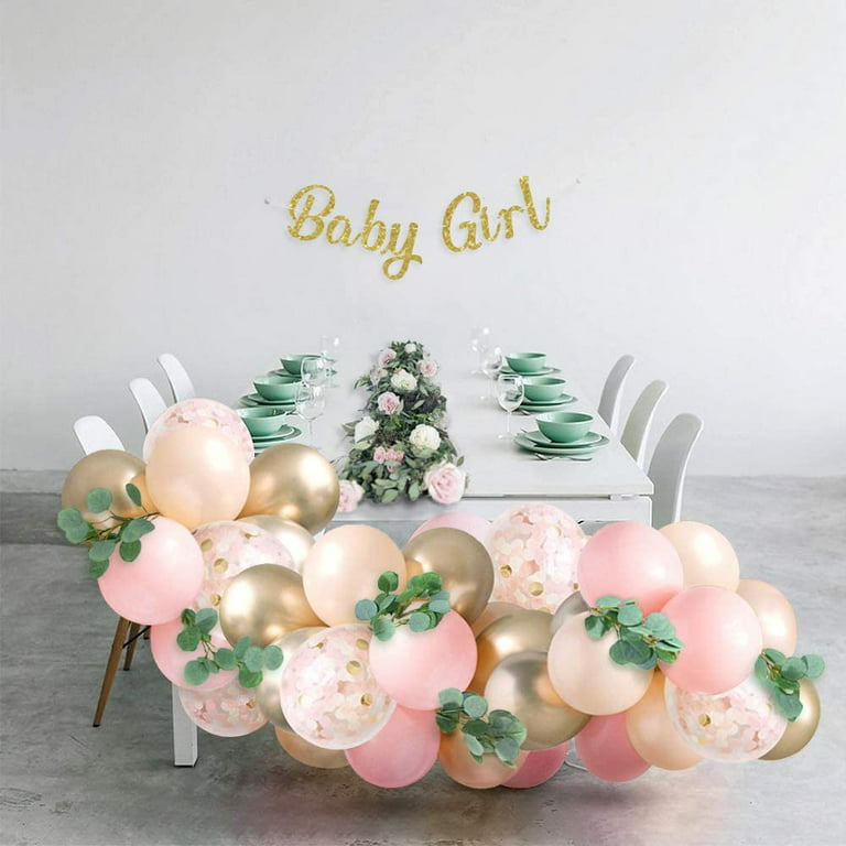 Sweet Baby Co. Baby Shower Decorations for Girl with Pink and Blush Balloon Arch Garland Kit, Baby Girl Banner, Eucalyptus Vine, Gold