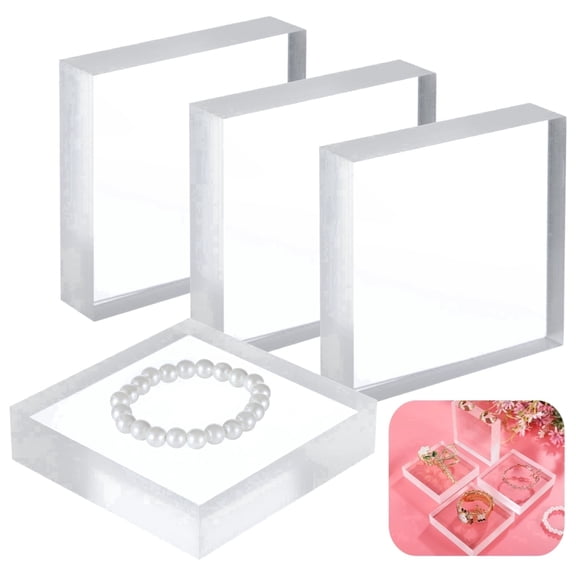 4 Pcs Acrylic Display Blocks - 4x4x1" Clear Jewelry Display Risers with Polished Floating Effect, Sturdy Square Stands for Rings, Crafts, Sunglasses, and Cake Showcase Decor