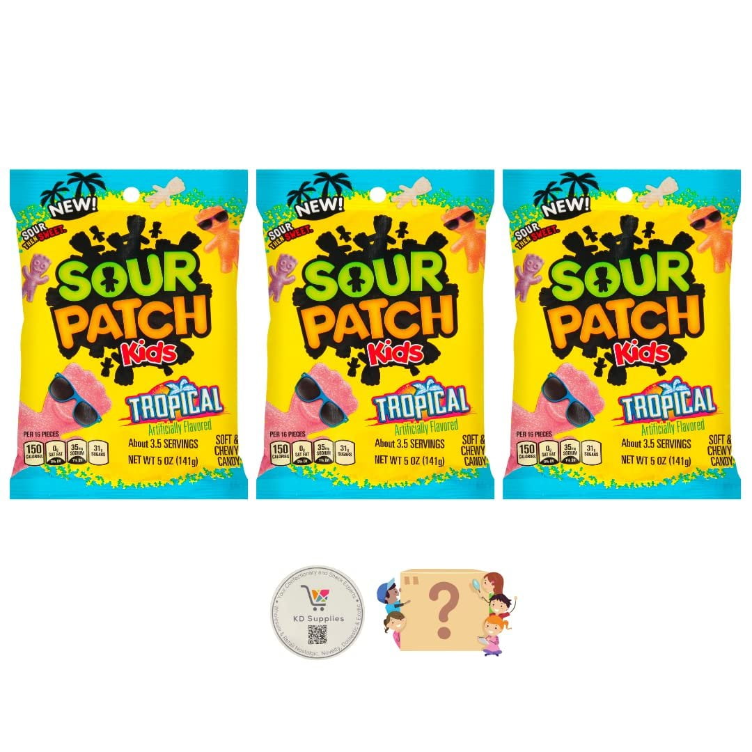 Sour Patch Kids Pack of 3 - 5 oz each Soft and Chewy Candy with Bonus  Nostalgic Mystery Gift Tropical - Walmart.com