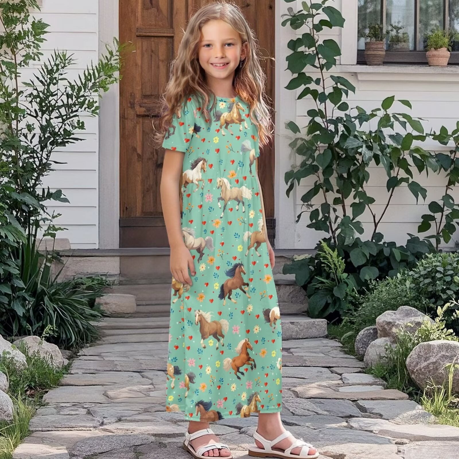 Uourmeti Tween Girls Maxi Dress Short Sleeve Round Neck Casual Flowy Horse Print Summer Long Dress for Girls Big Kids, Size 9-10 Years