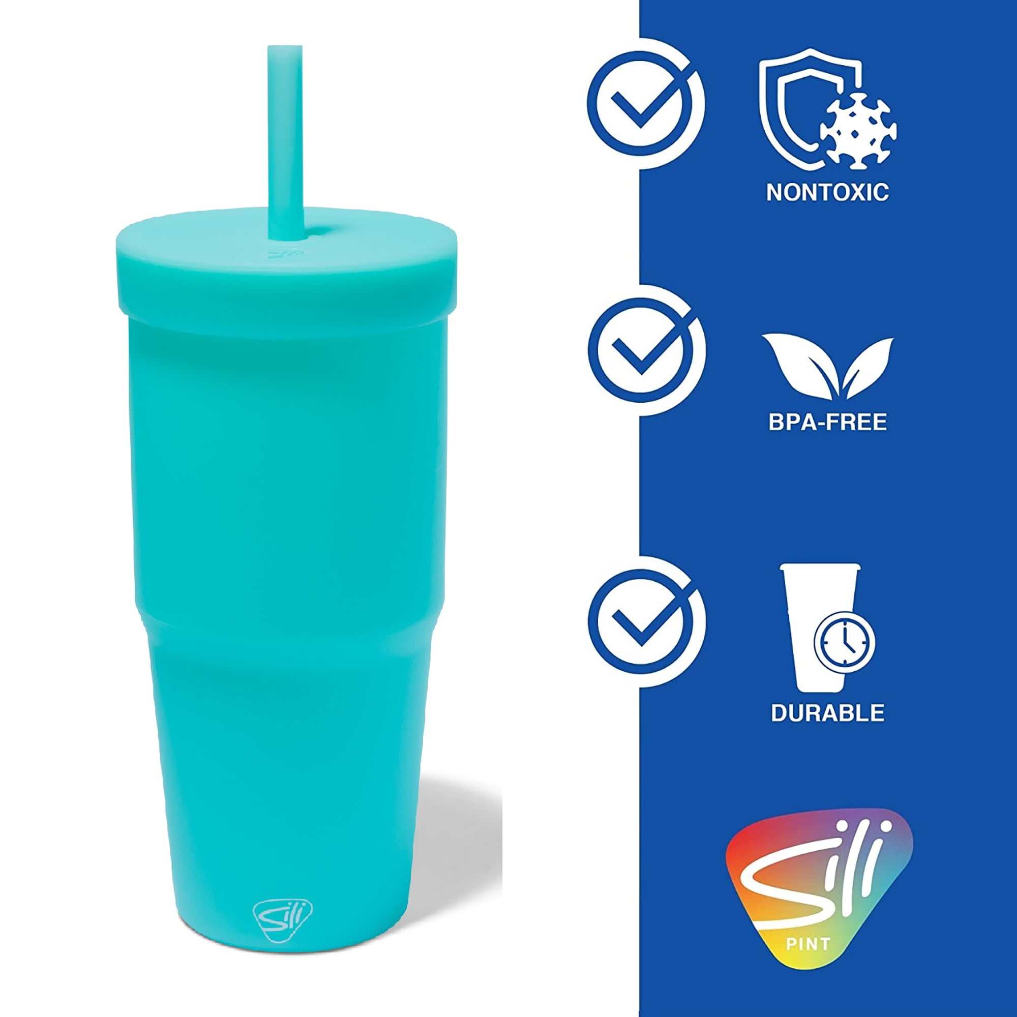 Silipint: Silicone 32oz Straw Tumbler: Aqua - Reusable, Unbreakable Cup, Flexible, Hot/Cold, Airtight Lid, Travel
