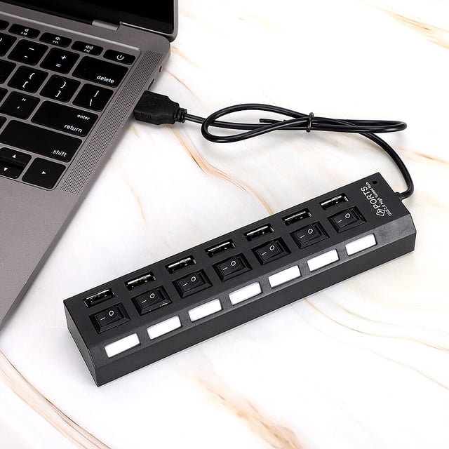 Estación de acoplamiento USB con concentrador de 7 puertos, color negro, 480 Mbps, con interruptor para protección contra sobrecarga de corriente, 7 puertos, color negro