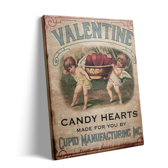 P&L Art Framed Canvas Wall Art - 10"x8" Retro Valentine Cupid Candy Hearts Sign Wall Decor