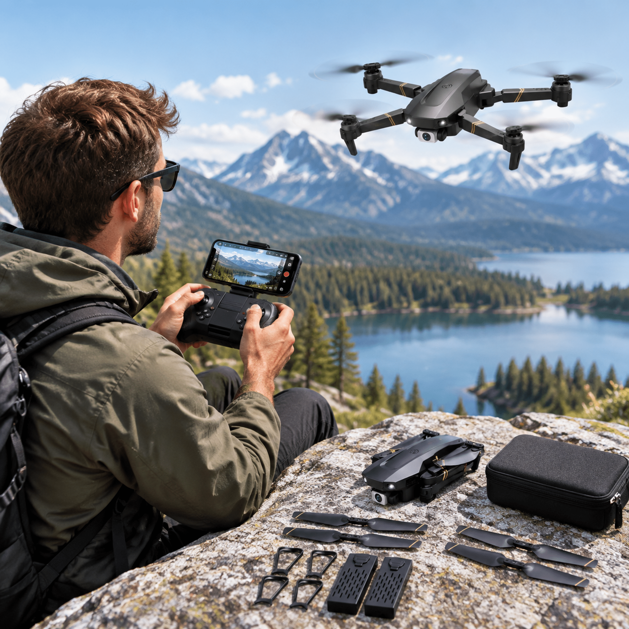 Foldable RC Drone with 1080P Camera for Adults Beginners & Kids, FPV Quadcopter Toy Gift, 2 Batteries & Carrying Case, One‑Key Start, Headless Mode, Waypoint Flight, 360° Flips