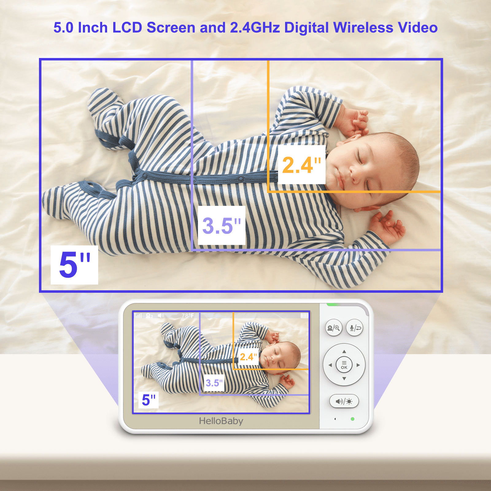 HelloBaby Video Baby Monitor-HB6256 with Remote Pan-Tilt and Zoom, 1000ft Long Range, No WiFi, 5.0" LCD, Night Vision, Lullabies, and Two-Way Audio