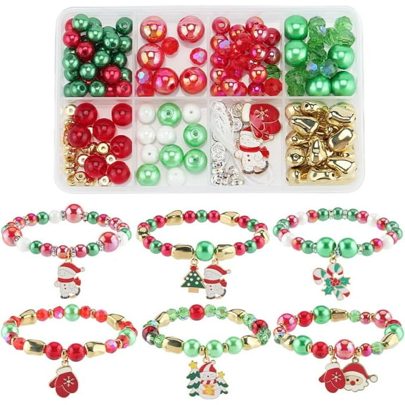 1 Set 1 Box 6 Sets Christmas Bracelet Making Kit Christmas Enamel Charms Xmas Tree Santa Claus Candy Cane Snowman Charm Red Green Glass Spacer Beads for Jewelry Making Kits Adults DIY Supplies