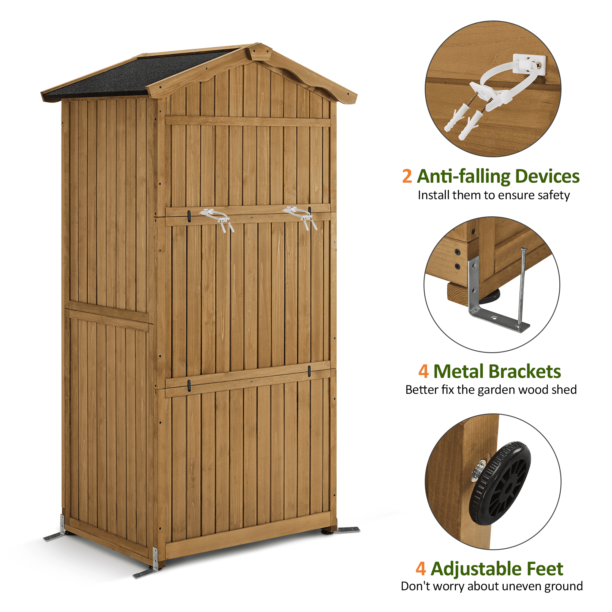 MCombo 75'' Outdoor Storage Cabinet, Lockable Wooden Storage Shed with Removable Shelves, Tall Tool Shed with Waterproof Asphalt Roof for Yard, Garden, Patio, Lawn 1165