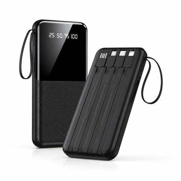Portable Charger Built-in Cables, USB C Power Bank 10000mAh, Travel Battery Portable Phone Charger Compact Lightweight External Battery Pack for Smart Phones,Black