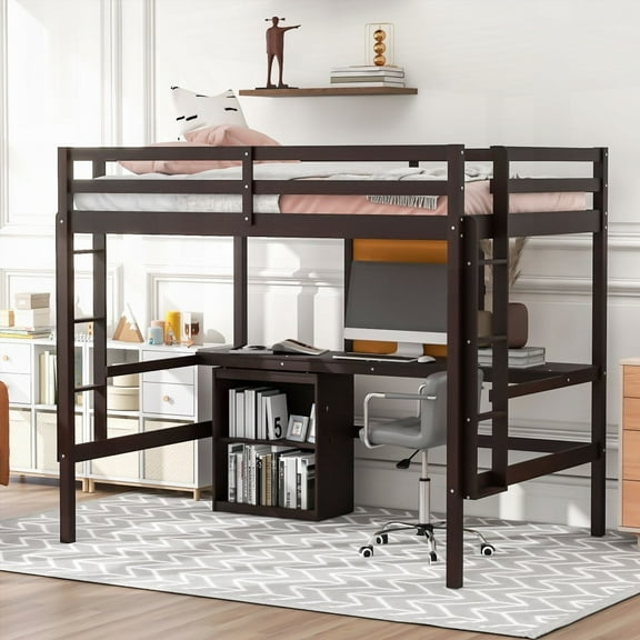 Full Size Wooden High-Rise Bed Frame with Desk & 2 Drawers Cabinet - Espresso