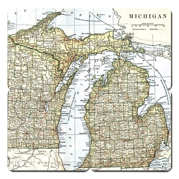 Torched Michigan Old World Map Coaster Handmade Beer Coaster 4"x4" Multicolor