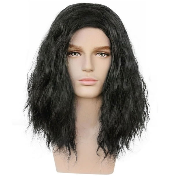 Peluca negra ondulada de 40 cm de longitud media para hombres y mujeres