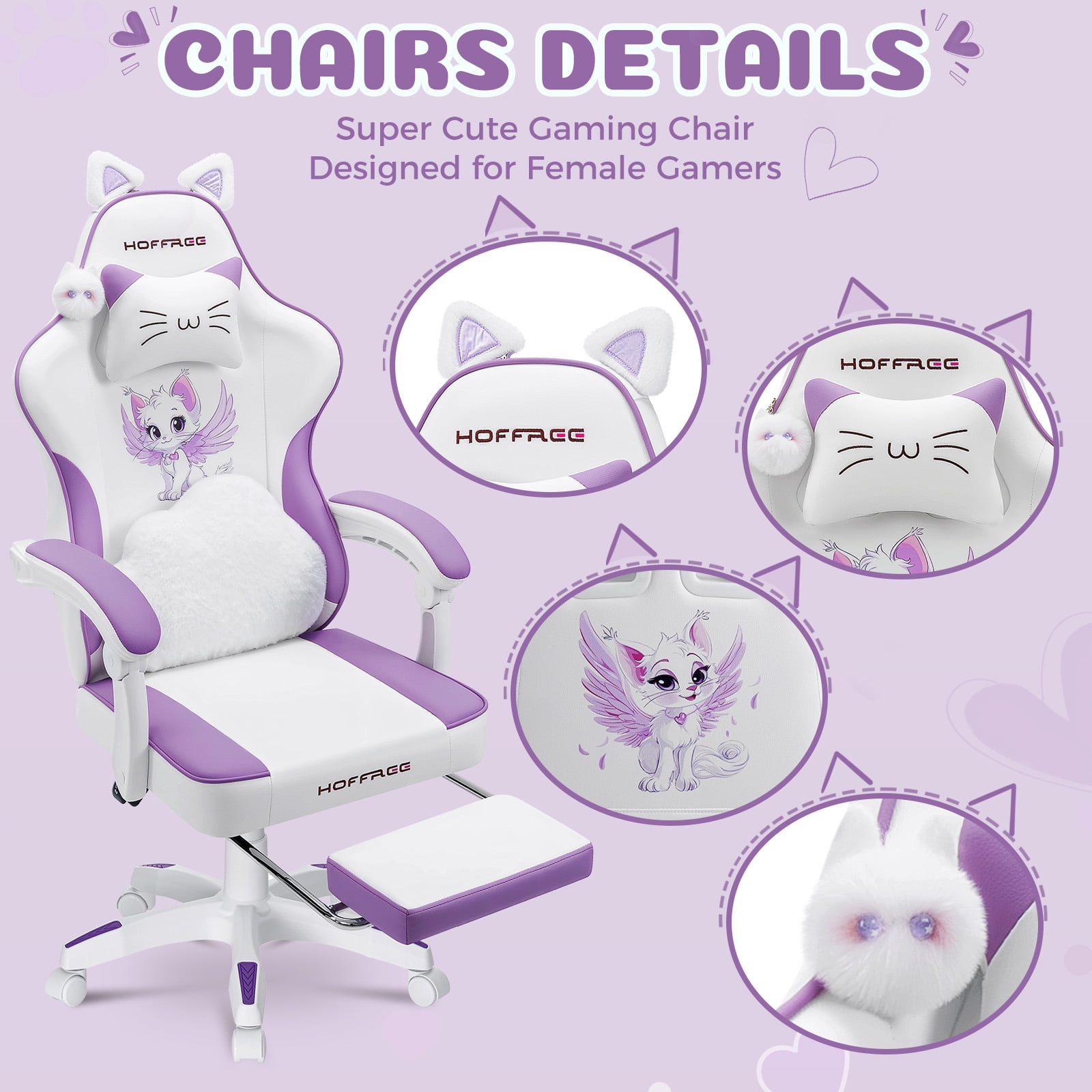 HOFFREE Gaming Chair for Girls with Cat Ears and Cloud Massage Lumbar Cute Computer Chair with Footrest Comfortable Reclining Game Chairs for Adults Teens Women Purple and White