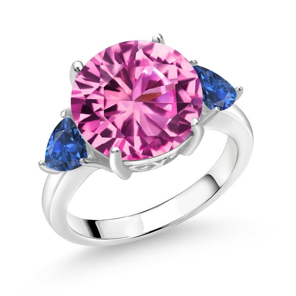 Gem Stone King 925 Sterling Silver Pink Created Sapphire and Blue Created Sapphire 3-Stone Ring for Women (8.88 Cttw, Round 12MM, Trillion 5MM, Size 8)