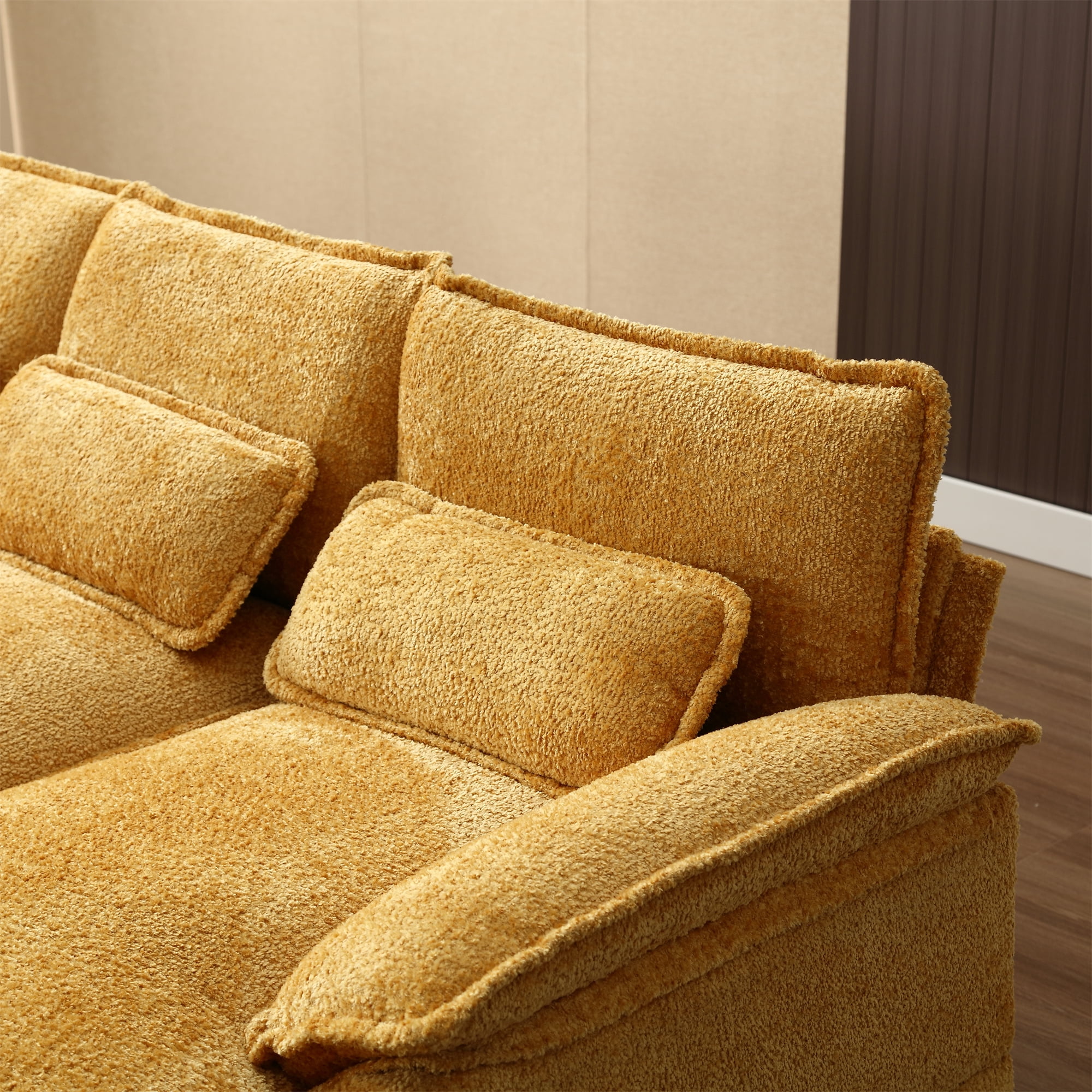 Aukfa 110" Sectional Sofa Overstuffed U shape Couch for Living Room, 4 Lumbar Pillow, Boucle, Mustard