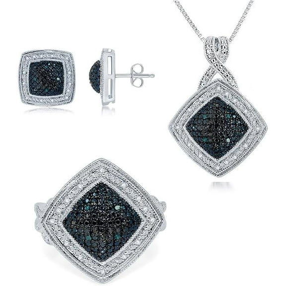 Beyond Brilliance Silver Plated Brass Blue&White Diamond Ring, Necklace with Studs 3 Piece Set for Women