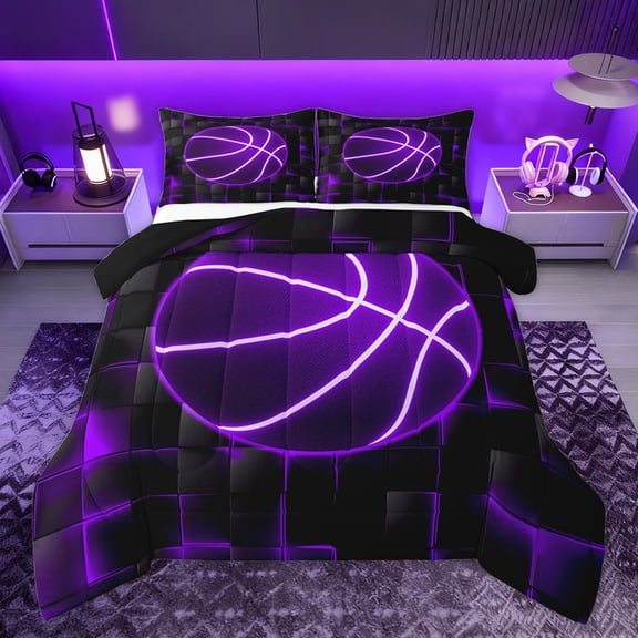 Homewish Neon Purple Basketball Bedding Comforter Set for Boys, Futuristic Square Honeycomb Twin Comforter Sets, Sports Theme Reversible Bedding Set, Lightweight Room Decor, 2 Pieces