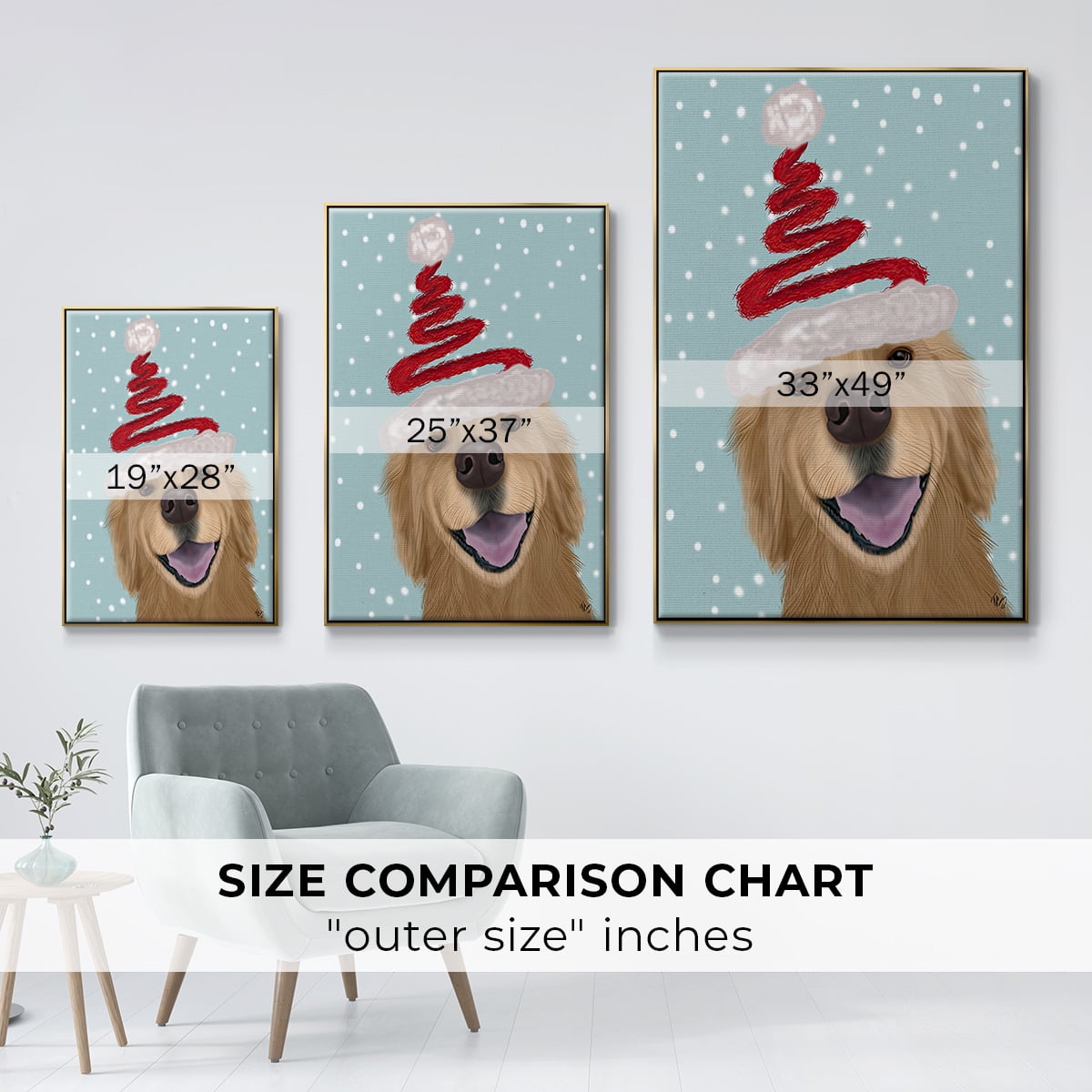Christmas Golden Retriever and Spring Santa Hat - Framed Gallery Wrapped Holiday Canvas - 27 x 41 - Gold Frame